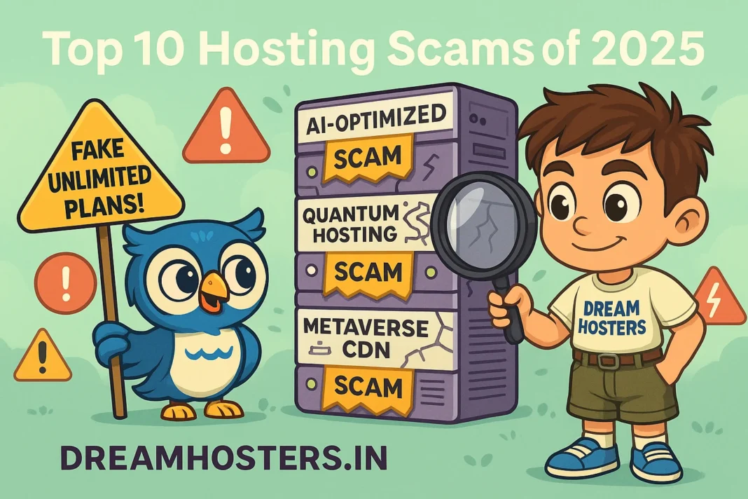 Web Hosting Scams 2025: Colorful digital illustration titled ‘Top 10 Hosting Scams of 2025’ featuring Beak the blue owl alerting about scam warnings and Byte the boy detective holding a magnifying glass. The scene includes visual icons of fake hosting tricks like 'AI hosting', 'unlimited plans', and 'blockchain backups'. DreamHosters.in is displayed at the bottom of the image.”