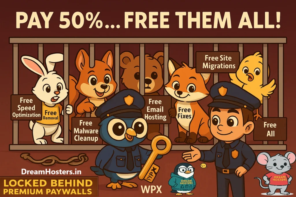 A colorful cartoon-style digital illustration titled “Pay 50%. Free Them All.” showing a large jail cell with DreamHosters mascots trapped behind bars. Each character represents a premium hosting feature: Bitsy the squirrel (Free Speed Optimization), Rusty the pup (Free Site Migrations), Tuxie the penguin (Free Malware Cleanup), Choco the bear (Free Email Hosting), Flix the fox (Free Fixes if Site Goes Down), Peep the chick (Malware Removal), and Zippy the bunny (Emergency Fixes). Beak the owl and Byte the boy appear in officer uniforms, unlocking the glowing cell with a golden WPX key. A bold banner above reads “Pay 50%. Free Them All.