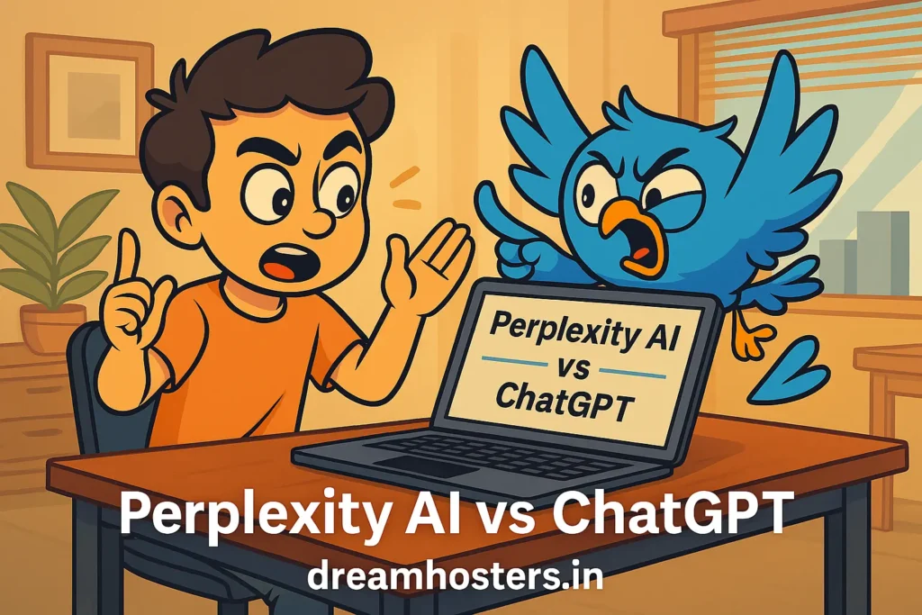 In a lively, tech-inspired office scene bursting with energy and vibrant hues, Byte—a cheerful boy mascot—sits at a laptop displaying a comparison chart titled “Perplexity AI vs ChatGPT 2025.” His wide-eyed excitement is matched by Beak, a blue owl, who hovers nearby holding an oversized magnifying glass, squinting dramatically like a detective on a mission. Floating icons and question marks surround them, emphasizing the theme of intelligent curiosity. Byte enthusiastically points at the screen while Beak’s humorous expression adds a playful touch. The watermark “DreamHosters.in” is clearly visible at the bottom.