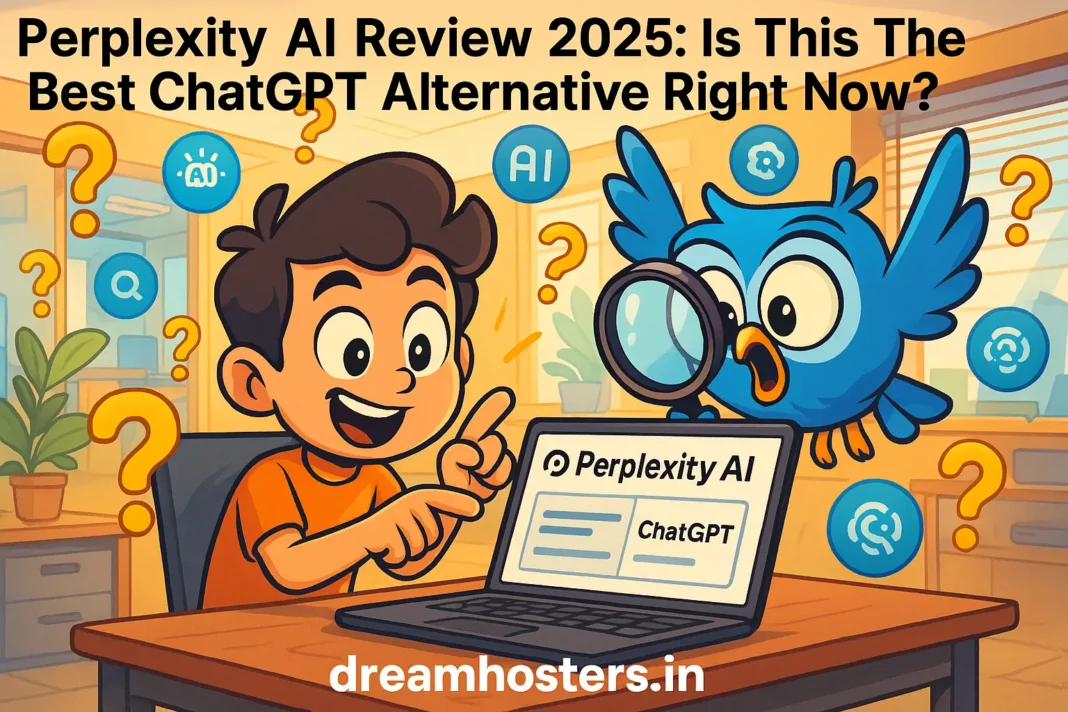 n a lively, tech-inspired office scene bursting with energy and vibrant hues, Byte—a cheerful boy mascot—sits at a laptop displaying a comparison chart titled “Perplexity AI vs ChatGPT 2025.” His wide-eyed excitement is matched by Beak, a blue owl, who hovers nearby holding an oversized magnifying glass, squinting dramatically like a detective on a mission. Floating icons and question marks surround them, emphasizing the theme of intelligent curiosity. Byte enthusiastically points at the screen while Beak’s humorous expression adds a playful touch. The watermark “DreamHosters.in” is clearly visible at the bottom.