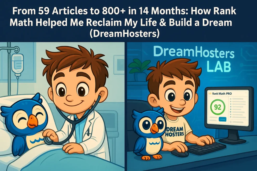 Rank Math Pro. Beak in Doctor coat checking Beak, Bek and Byte in DreamHosters Lap, checking website with Rank Math Pro.