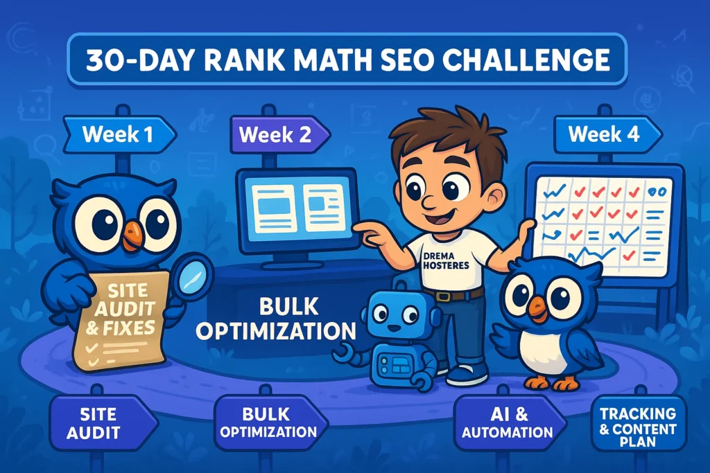 A colorful 2D illustrated roadmap titled “30-Day SEO Challenge with Rank Math,” featuring Beak the owl and Byte the tech boy guiding users through a 4-week SEO scaling plan. The visual shows Week 1: Audit, Week 2: Bulk Optimization, Week 3: AI & Automation, and Week 4: Tracking & Scaling, with icons representing tools like schema, analytics, and content AI.