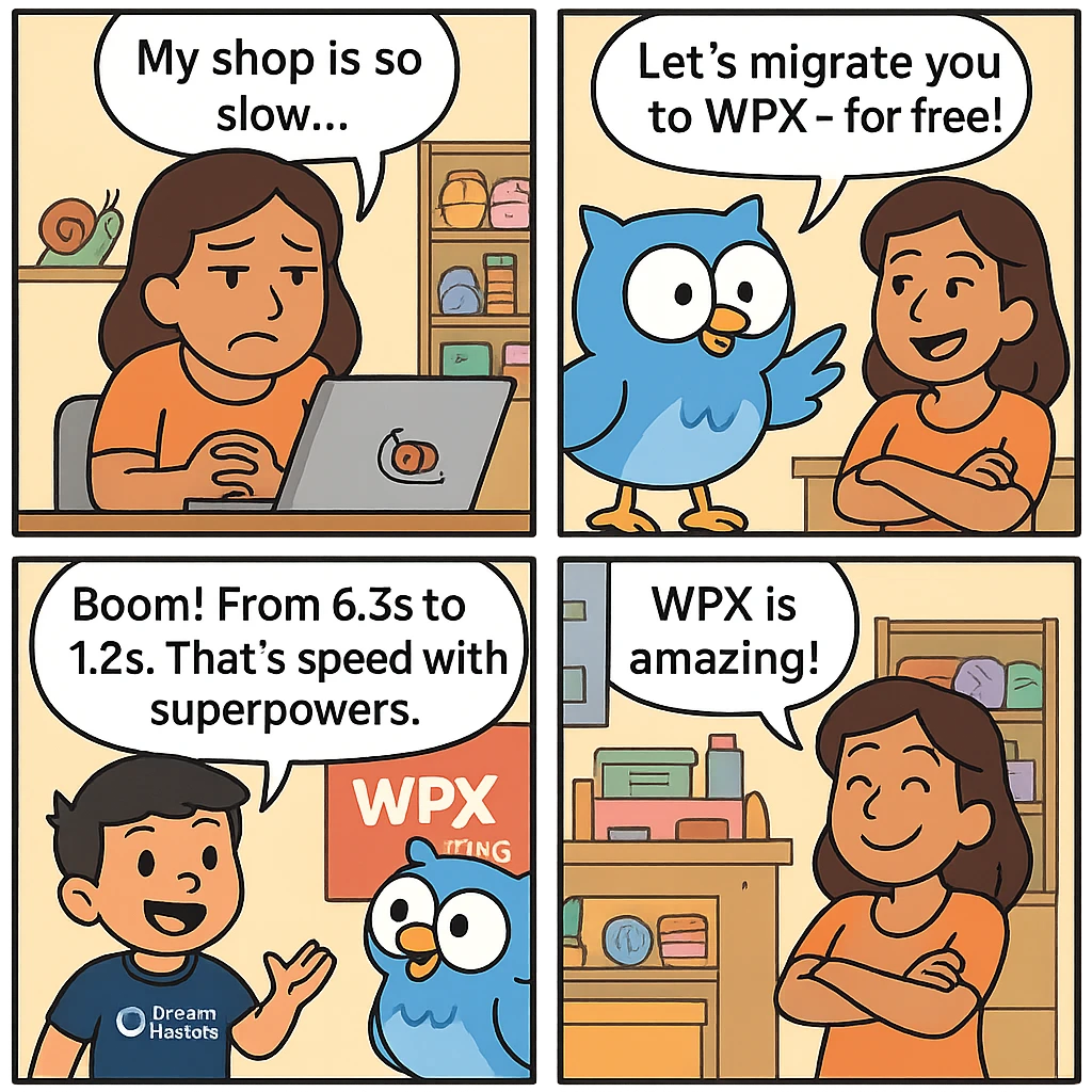 A four-panel digital comic strip featuring Priya, a craft store owner, alongside Beak the blue owl and Byte the tech-savvy boy. In panel one, Priya looks frustrated at her slow laptop saying, "My shop is so slow..." Panel two shows Beak cheerfully saying, "Let's migrate you to WPX – for free!" while Priya looks hopeful. In panel three, Byte and Beak celebrate in front of a "WPX Hosting" banner as Byte says, "Boom! From 6.3s to 1.2s. That’s speed with superpowers." In the final panel, a smiling Priya declares, "WPX is amazing!" in her now thriving store.