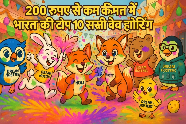 ड्रीम होस्टर्स की मास्कट टीम होली के त्यौहार में रंग खेलती हुई – बीक, बाइट, रस्‍टी और अन्य पात्र रंग-बिरंगे गुलाल उड़ाते हुए, पृष्ठभूमि में झंडियाँ, गेंदे के फूल और रंगों की बौछार के साथ। ऊपर बड़े अक्षरों में लिखा है: '200 रुपए से कम कीमत में भारत की टॉप 10 सस्ती वेब होस्टिंग'। यह छवि हिंदी भाषी दर्शकों को आकर्षित करने के लिए बनाई गई है।