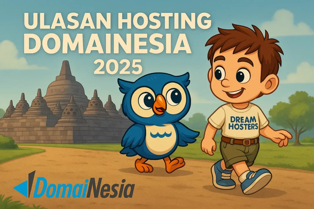 Ilustrasi digital berwarna yang menampilkan Beak (burung hantu biru) dan Byte (anak laki-laki berkaus 