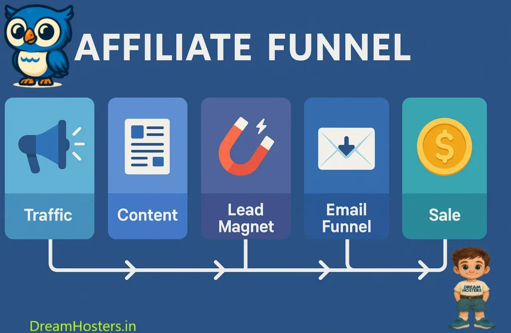 Web Hosting Affiliate Funnel Diagram illustrating the journey from website traffic to affiliate sale, including steps like blog content, lead magnet, email sequence, hosting purchase, and recurring commission. Features mascots Beak the owl and Byte the boy, styled in cool blue tones to match a dark website theme.