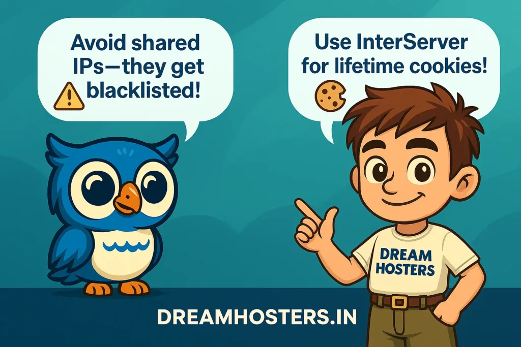 Beak and Byte promotional banner with checklist tips for joining the $12K affiliate club. The text reads: 'Use These Web Hosting Affiliate Secrets to Join the $12K Club' followed by three bullet points: Pick 2 affiliate programs, Write comparison content, Set up an email funnel. Byte stands on the right, and Beak the blue owl is on the left, with DREAMHOSTER.IN at the bottom.