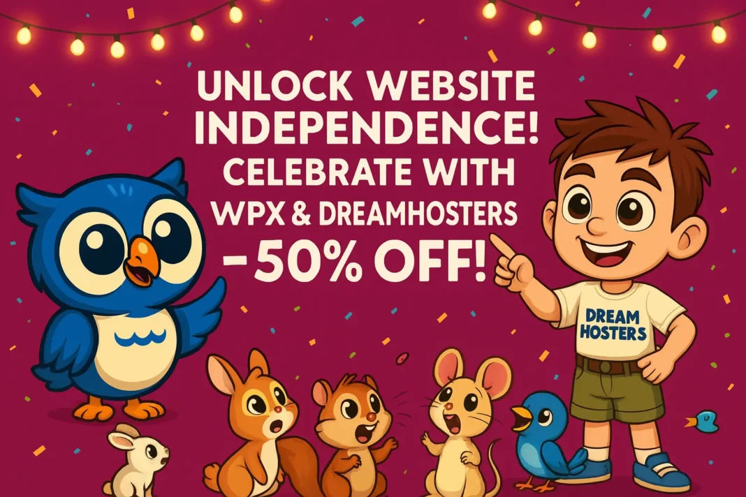 A vibrant promotional banner with a magenta background featuring the text “Unlock Website Independence! Celebrate with WPX & DreamHosters – 50% OFF!” in bold white letters. Beak the blue owl and Byte the smiling boy in a 