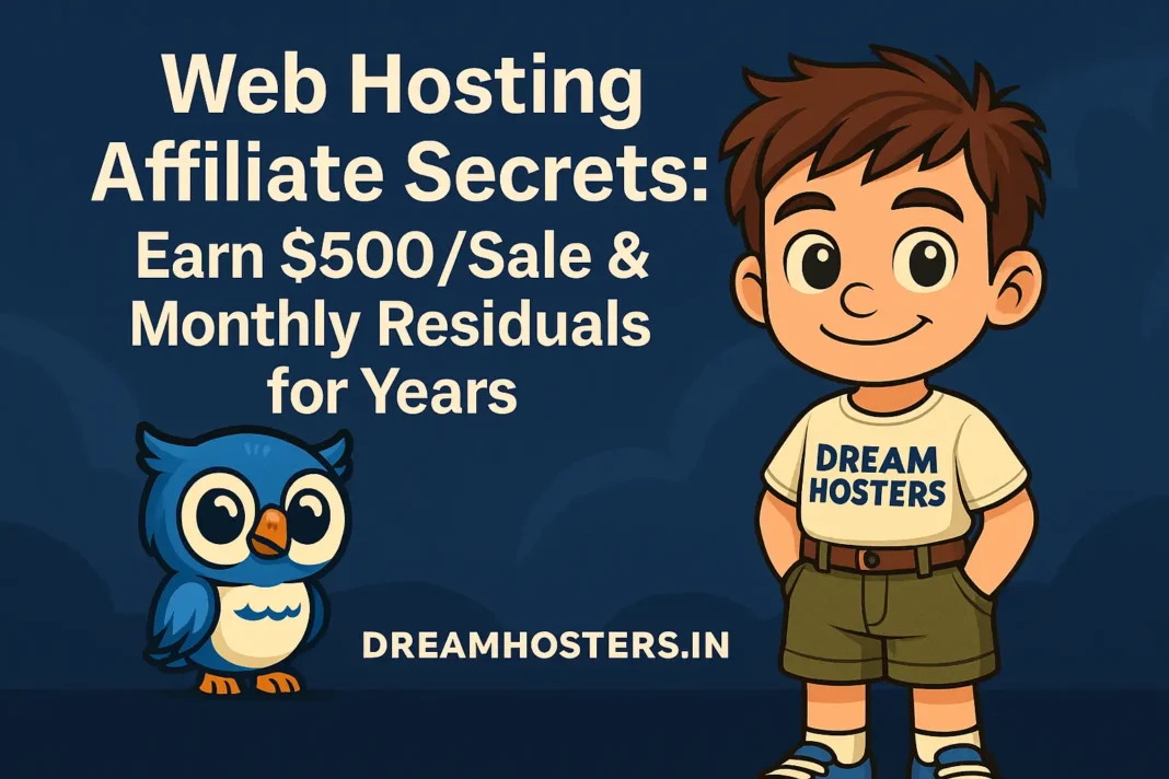 Web Hosting Affiliate Secrets promotional banner featuring the headline 'Earn $500/Sale & Monthly Residuals for Years' with mascots Beak the blue owl and Byte the boy in a 'Dream Hosters' t-shirt, set against a dark blue background with DREAMHOSTERS.IN at the bottom.