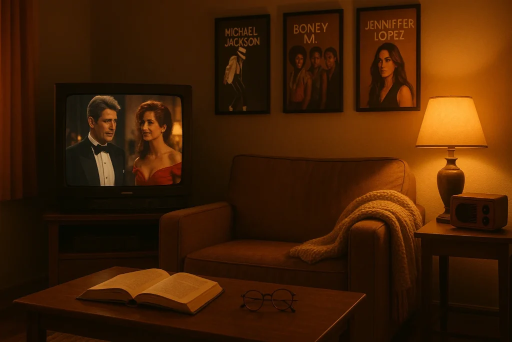A warm, nostalgic living room with a vintage TV playing "Pretty Woman," music posters on the wall, and a cozy sofa with a book and glasses—symbolizing a peaceful life before the unexpected journey of open heart surgery and recovery.