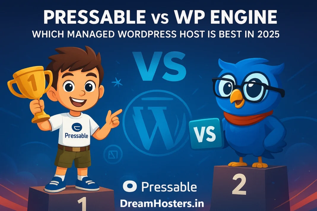 Cartoon illustration of Byte and Beak in a friendly competition race, representing Pressable vs WP Engine in 2025, with Byte as Pressable standing first on the podium, symbolizing Pressable's top performance in managed WordPress hosting.