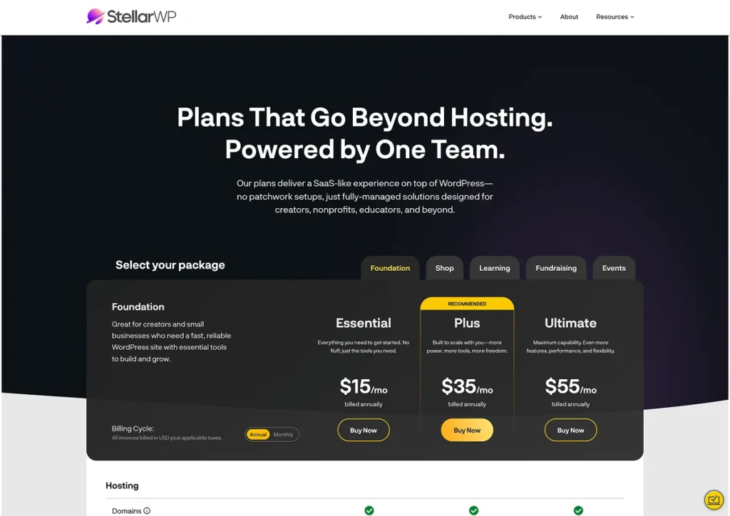 StellarSites Foundational Plans Pricing