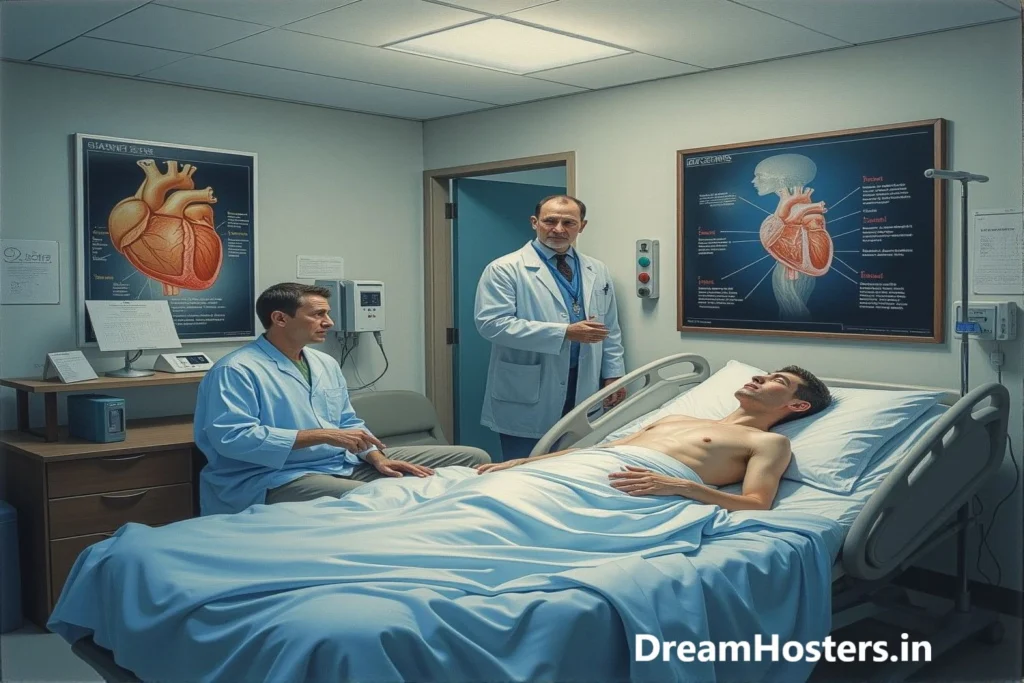 A worried man sits in a cardiologist’s office as a doctor explains a serious diagnosis, pointing to a medical poster showing a ventricular septal rupture — a rare heart condition that led to the patient's need for urgent open heart surgery.