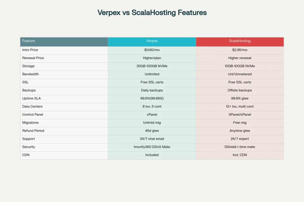 Verpex vs Scalahosting side by side comparison chart