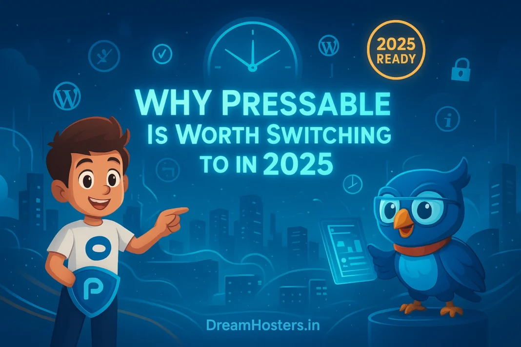 Promotional digital illustration featuring Byte and Beak showcasing Pressable Hosting, with large glowing text ‘Managed WordPress Hosting You Can Trust,’ Pressable logo, tech-themed background, and DreamHosters.in watermark.