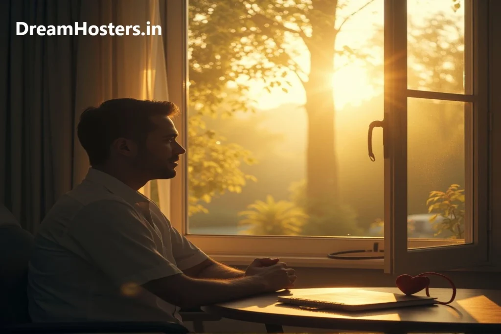 A peaceful morning scene showing a man quietly reflecting by a sunlit window, with subtle reminders of his medical journey nearby—symbolizing his emotional and physical rebirth after surviving open heart surgery.