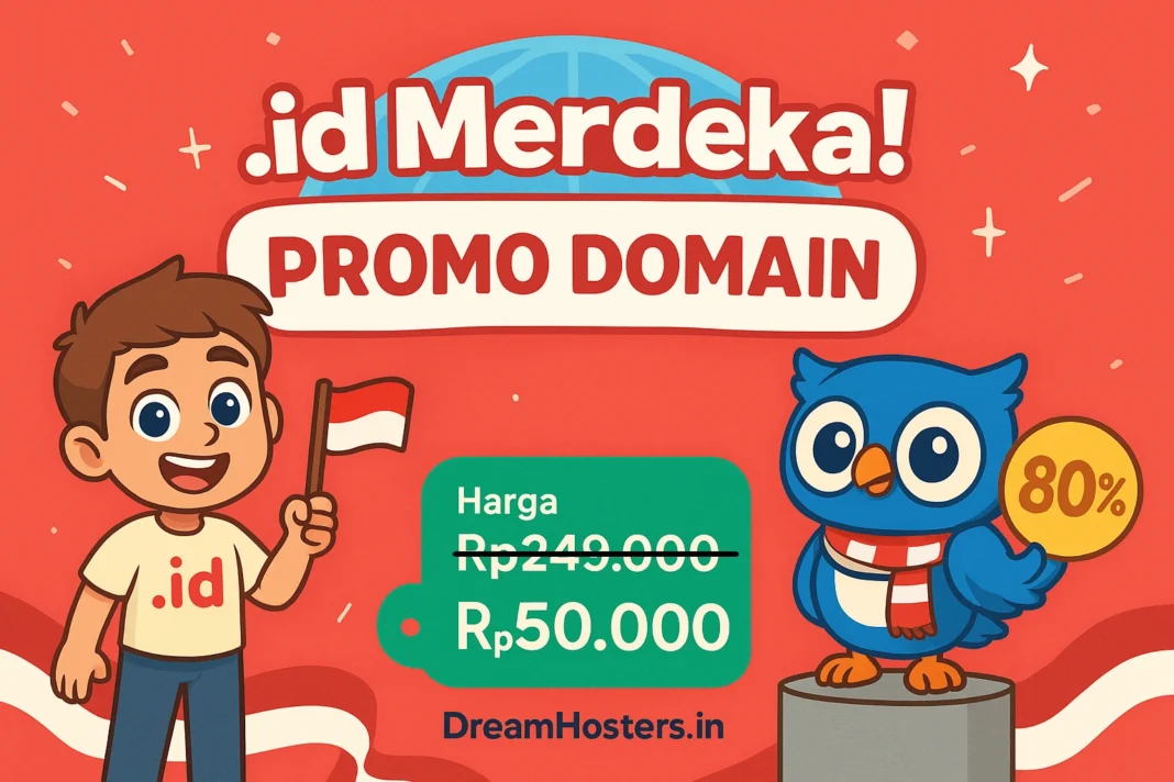 Cartoon-style landscape illustration for a DomaiNesia domain promo code celebrating Indonesian Independence Day. Byte, a smiling boy in a .id shirt, waves the Indonesian flag on the left, while Beak, a blue owl wearing a red-and-white scarf, stands on a podium holding an 80% discount badge on the right. The center features bold text reading “.id Merdeka! Promo Domain” with a green price tag showing the original price of Rp249.000 crossed out and the promo price Rp50.000. The background has a red theme with festive sparkles, flags, and the watermark “DreamHosters.in” at the bottom.