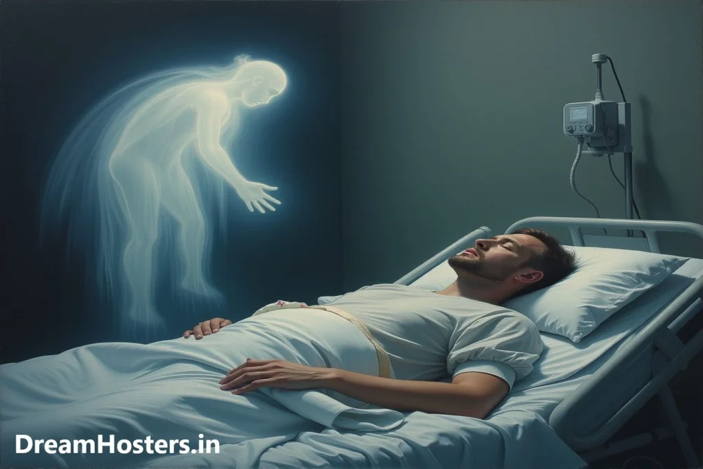 A haunting oil painting shows a man lying unconscious in a hospital bed after open heart surgery, connected to a ventilator, while a translucent ghost-like figure—his soul—hovers near the ceiling, gazing down at his body, capturing a near-death experience between life and the beyond.
