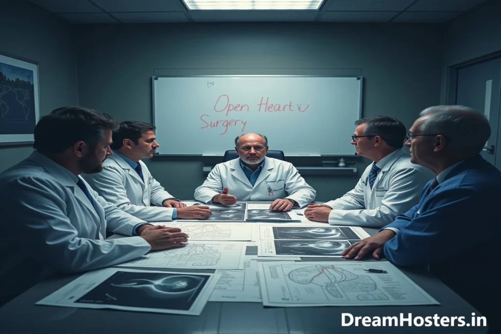 A solemn hospital consultation room where a patient listens intently to a team of doctors explaining the need for emergency open heart surgery, with medical scans and test results spread across the table, capturing the weight of a life-or-death decision.