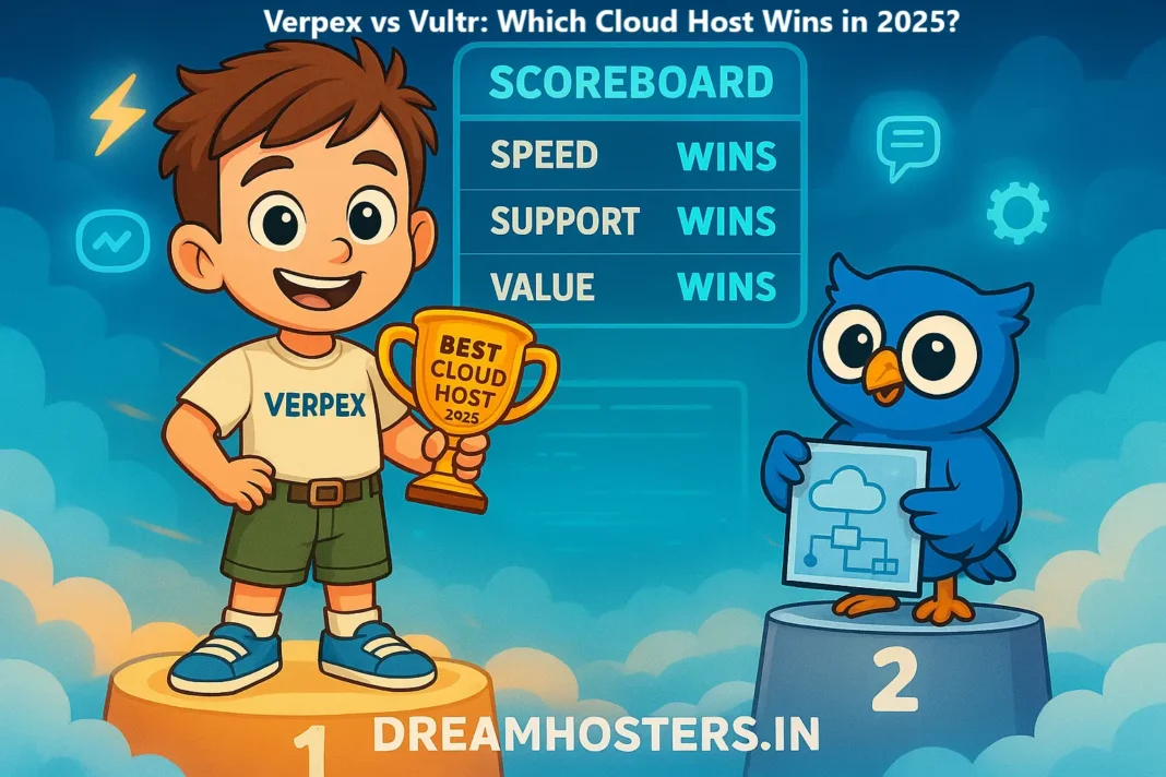 Cartoon-style landscape illustration showing Verpex vs Vultr in a 2025 cloud hosting competition. On the left, Byte, a smiling boy in a Verpex shirt, stands on the first-place podium holding a “Best Cloud Host 2025” trophy, with a scoreboard behind him showing Verpex winning in Speed, Support, and Value. On the right, Beak, a blue owl, stands on the second-place podium holding a cloud infrastructure blueprint. The background features a vibrant cloud-filled sky, and the watermark “DreamHosters.in” appears at the bottom.