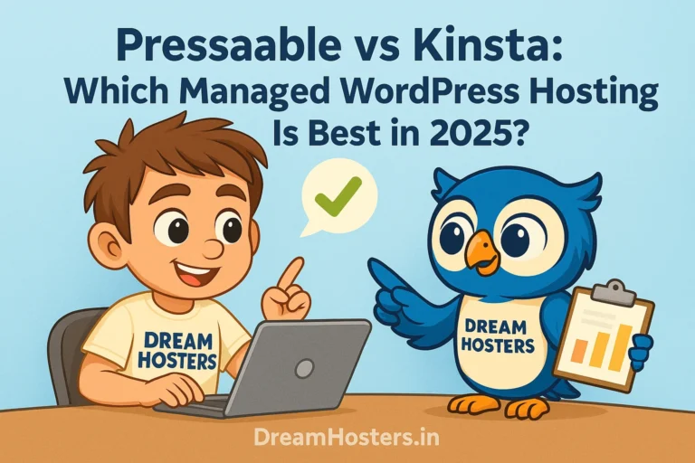 Pressable vs Kinsta illustration featuring mascots Beak and Byte comparing managed WordPress hosting performance, support, and features in 2025 with Dream Hosters watermark.