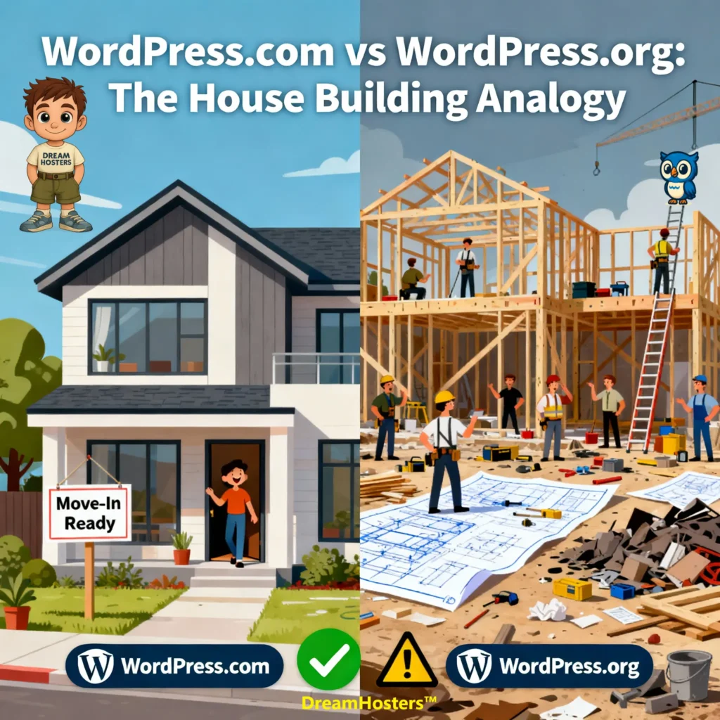 WordPress.com vs WordPress.org House Building Analogy: WordPress.com is like a turnkey ready-to-move-in home, while WordPress.org is like building from scratch with scattered materials and ongoing construction