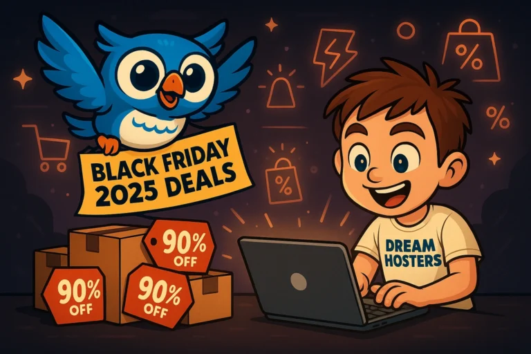 Beak the blue owl flying with a 'Black Friday 2025 Deals' banner and Byte, a boy wearing a 'DREAM HOSTERS' shirt, typing excitedly on a laptop surrounded by boxes labeled 90% OFF. The futuristic dark background with glowing sale icons visually represents Black Friday Web Hosting Deals 2025.